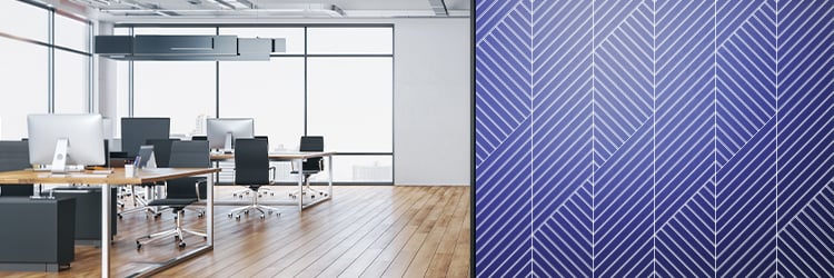 Briteline ColorCAST Matte Azul Steel Metallic herringbone pattern vinyl film wall wrap swatch next to modern office interior